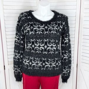 Celsius Premium Scroll Print Fuzzy Eyelash Knit Sweater Black XL